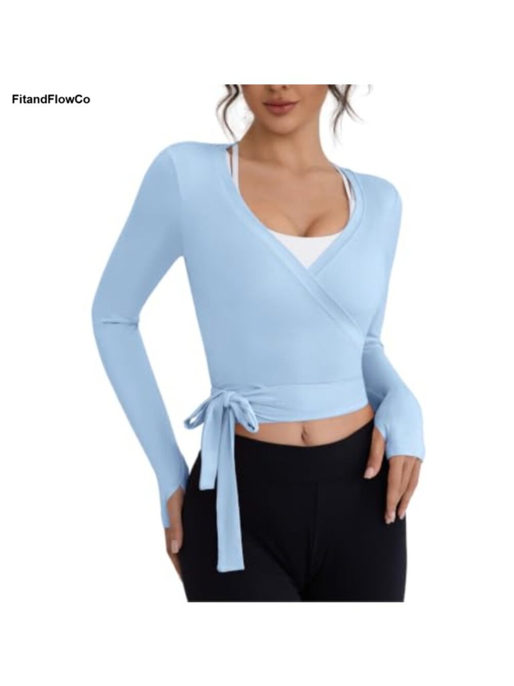 Long Sleeve Wrap Tie Workout Top with Thumb Holes